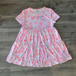 Crown & Ivy Women’s Short Sleeve Tiered Ruffle A-Line Swing Dress Large Flamingo